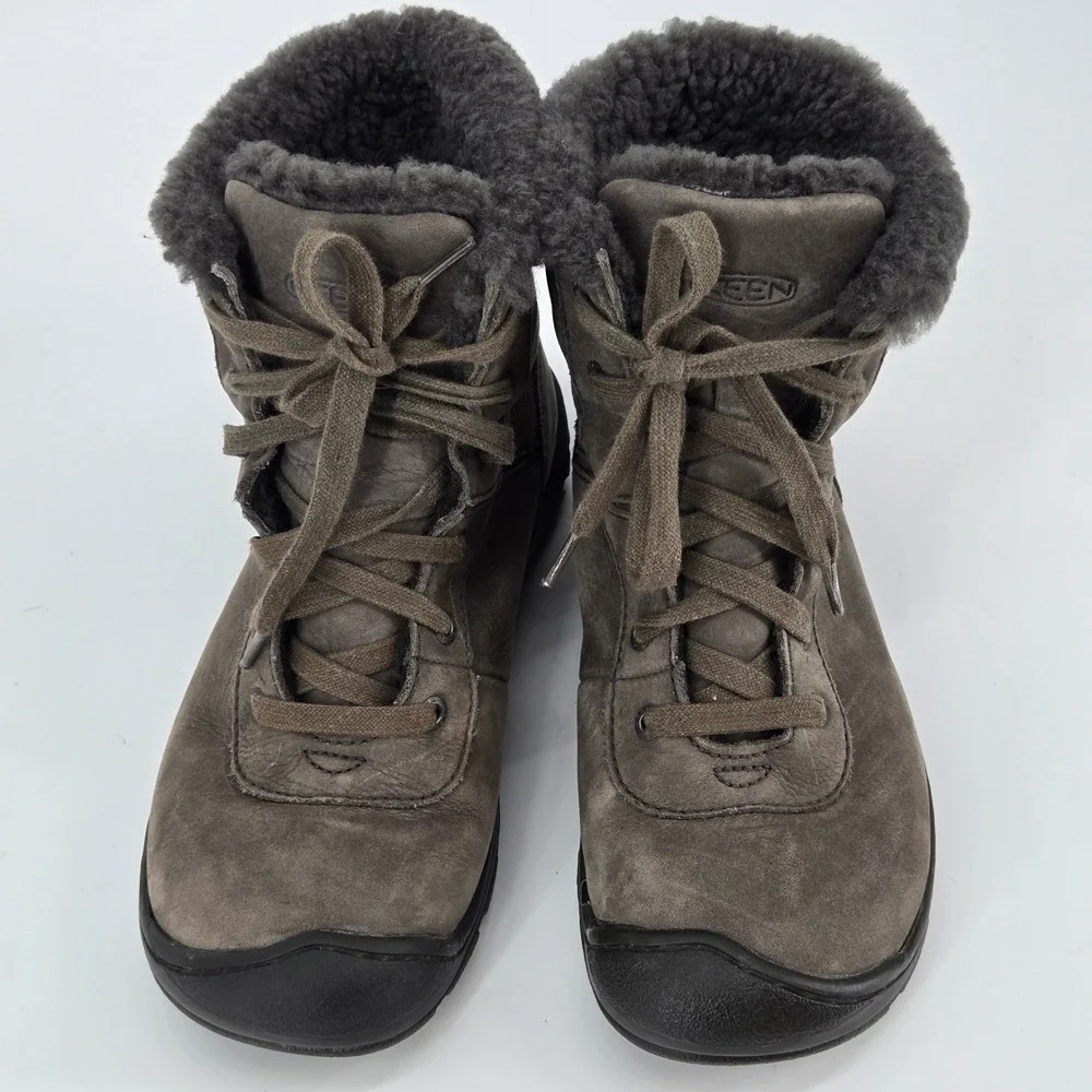 Keen Presidio Black Olive Leather Shearling Winter Hiking Bumper Boot Women Sz 6